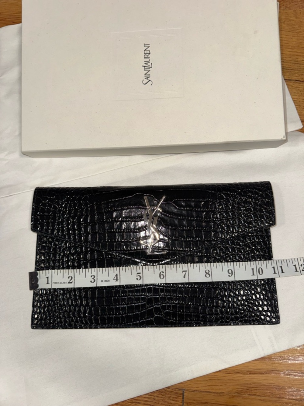 Saint Laurent Black Croc-Embossed YSL Logo Envelope Clutch - Picture 2 of 4